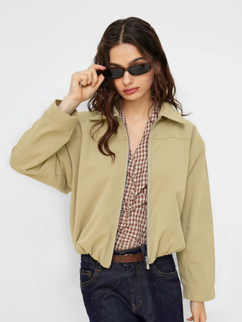ZARA Spring Fall Khaki Short Workwear Jacket Convertible Collar Office Zip Up